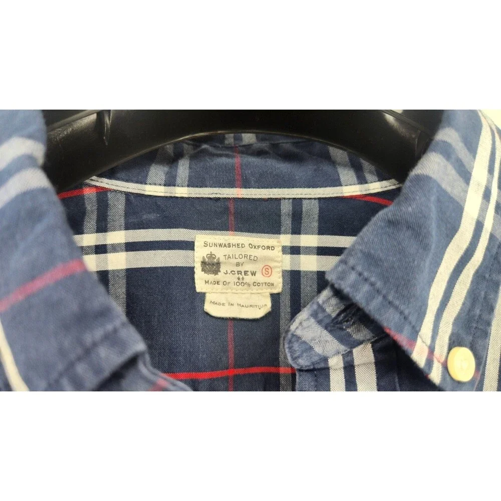 J.Crew‎ Small Blue Plaid 100% Cotton Sunwashed Oxford Long Sleeve Shirt
